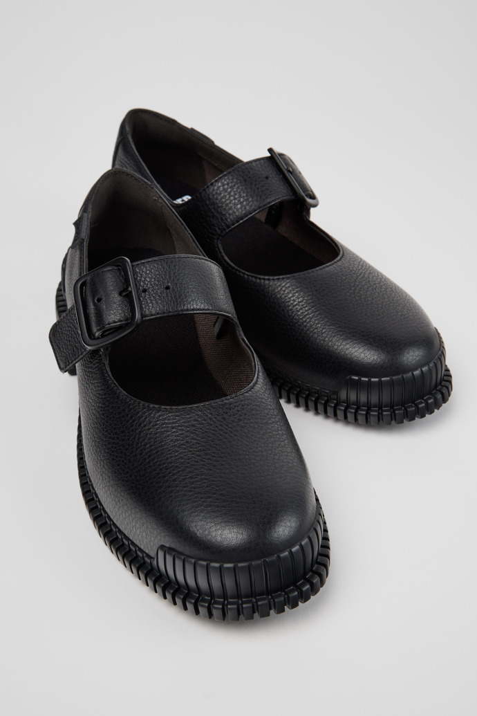 Close-up view of Pix Black Leather Shoes for Women.