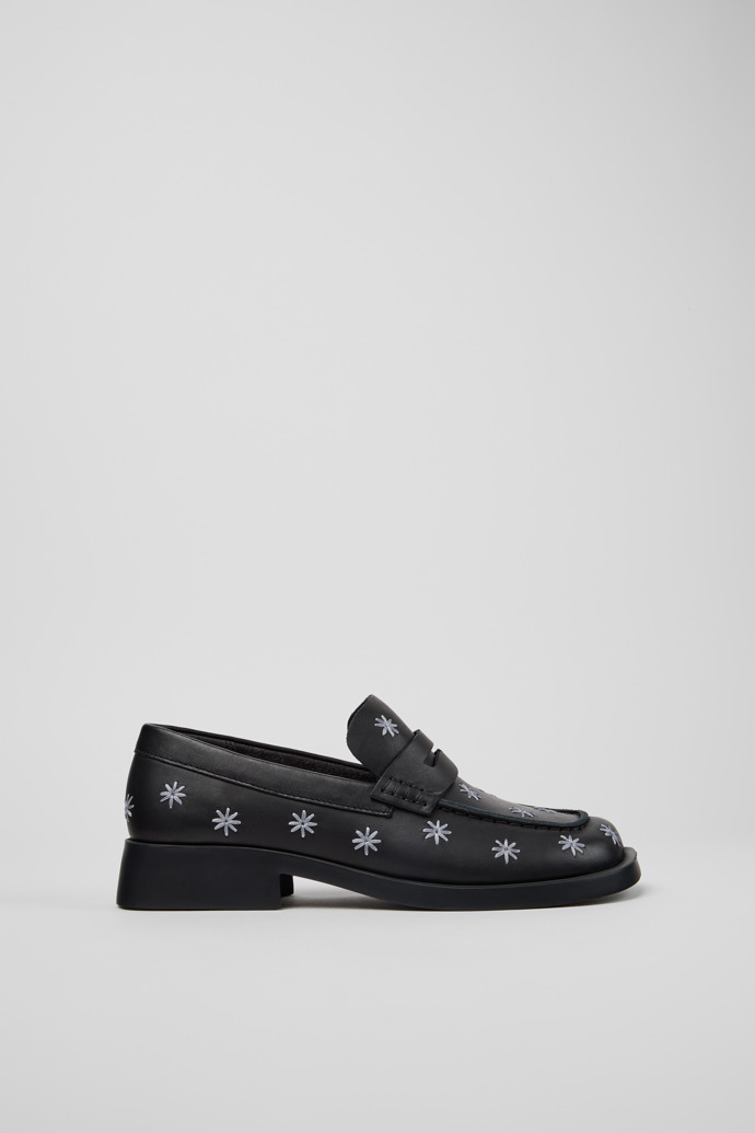Side view of Donna Black Leather Moccasins for Women.
