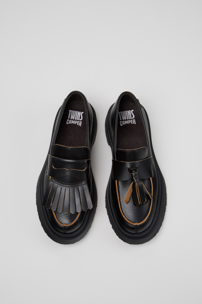 Overhead view of Twins Black Leather Moccasins for Women.