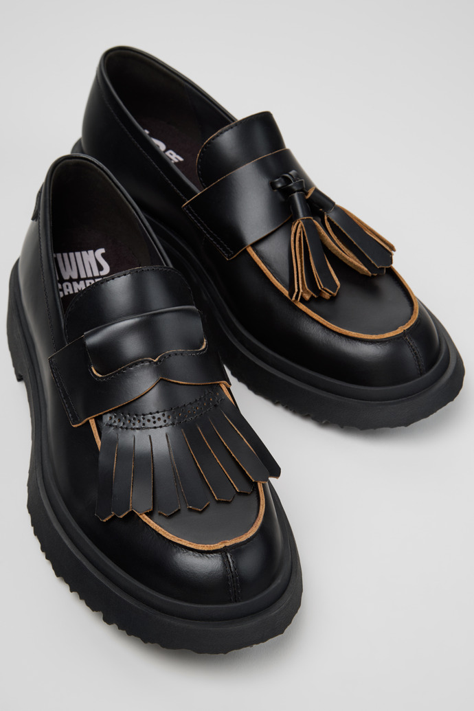 Close-up view of Twins Black Leather Moccasins for Women.