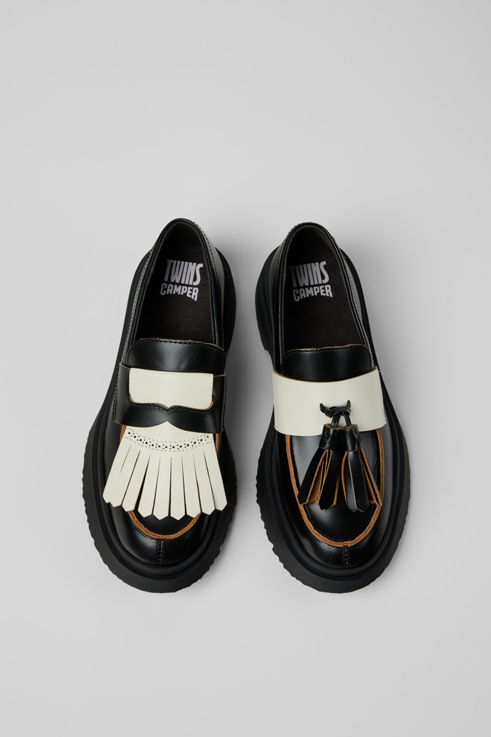 Overhead view of Twins Black Leather Moccasins for Women.