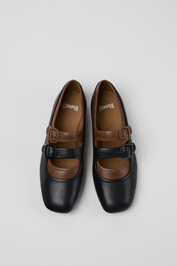 Overhead view of Casi Myra Black Leather Ballerinas for Women.