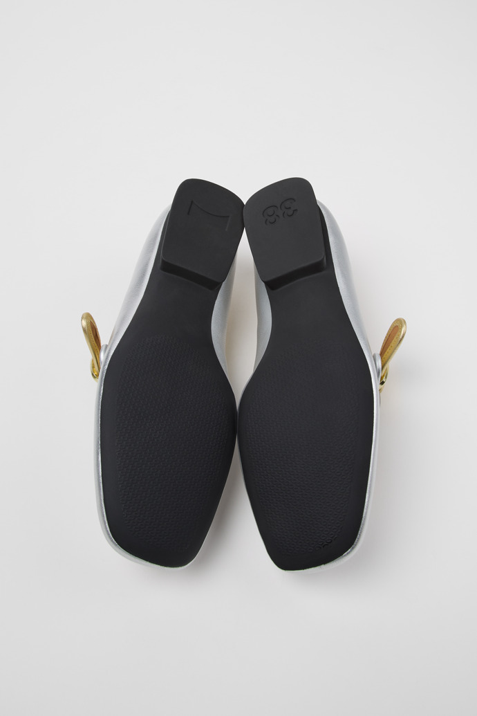 The soles of Casi Myra Gray Leather Ballerinas for Women.