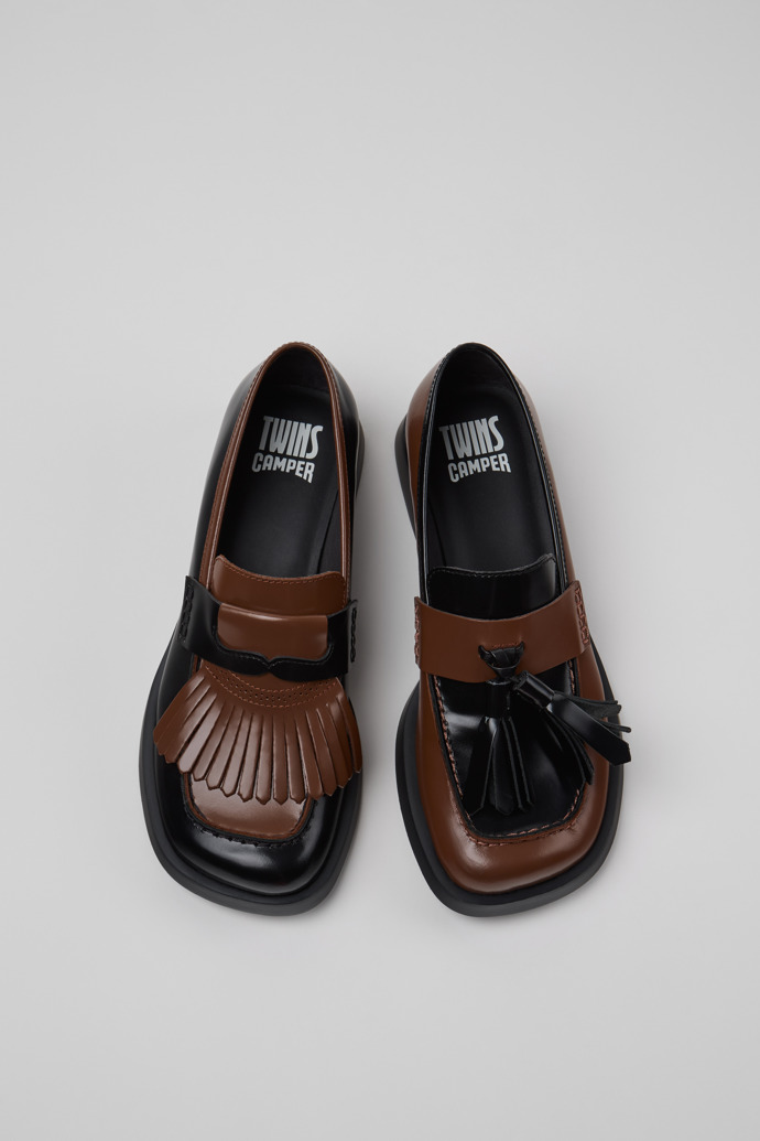 Overhead view of Twins Black Leather Moccasins for Women.