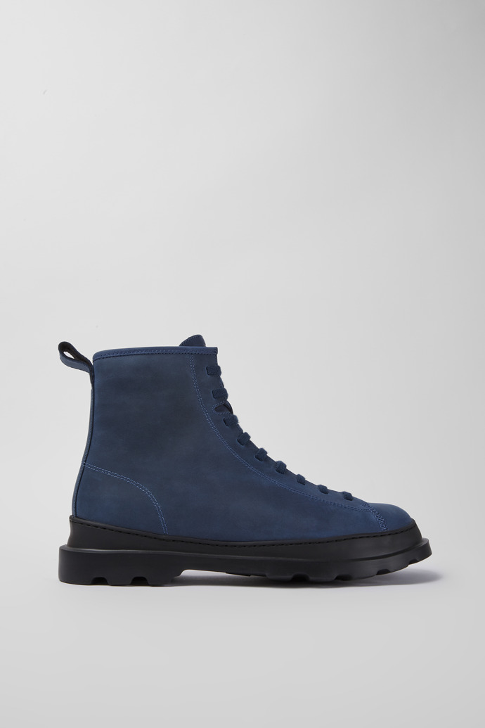 Side view of Brutus Blue waxed nubuck lace-up boots