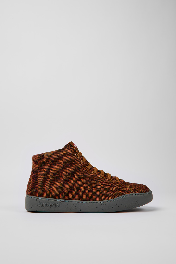 Side view of Peu Touring Brown and black recycled wool sneakers for men