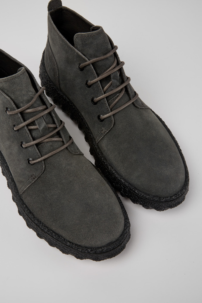 Close-up view of Ground Dark grey waxed suede ankle boots