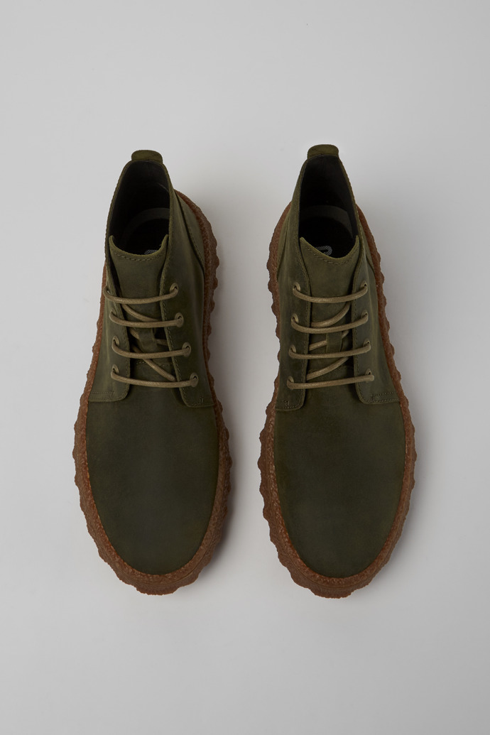 Overhead view of Ground Green waxed suede ankle boots