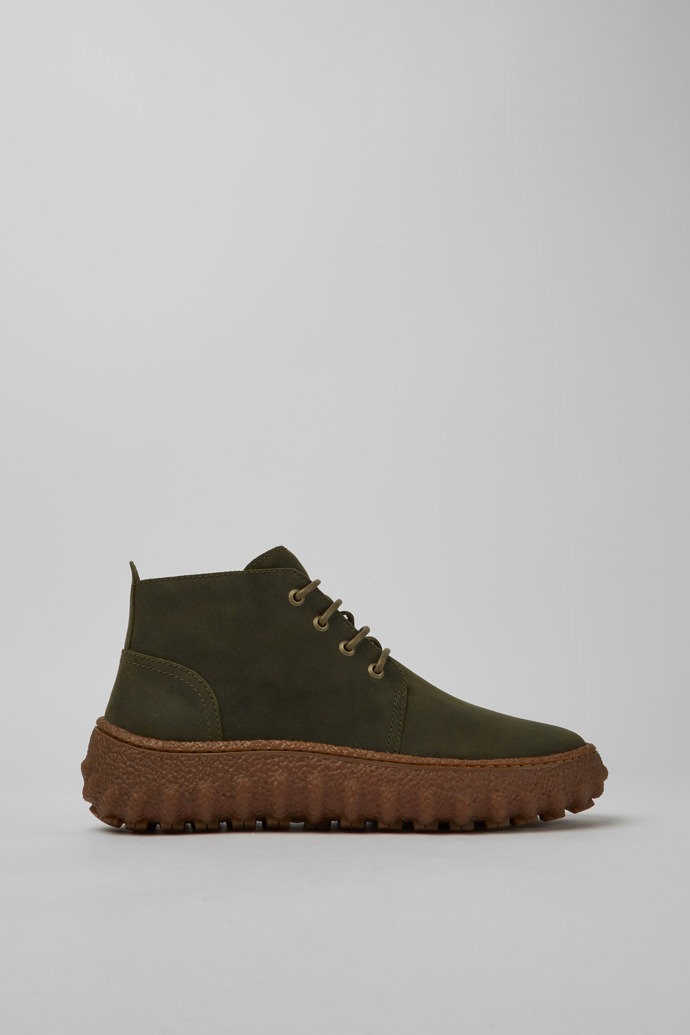 Side view of Ground Green waxed suede ankle boots
