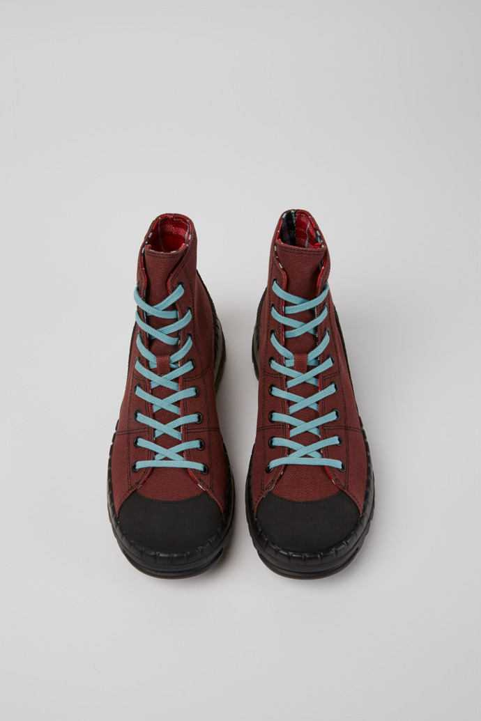 Overhead view of Teix Burgundy rubber and BCI cotton boots