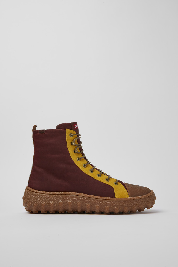 Side view of Ground Burgundy and yellow ankle boots