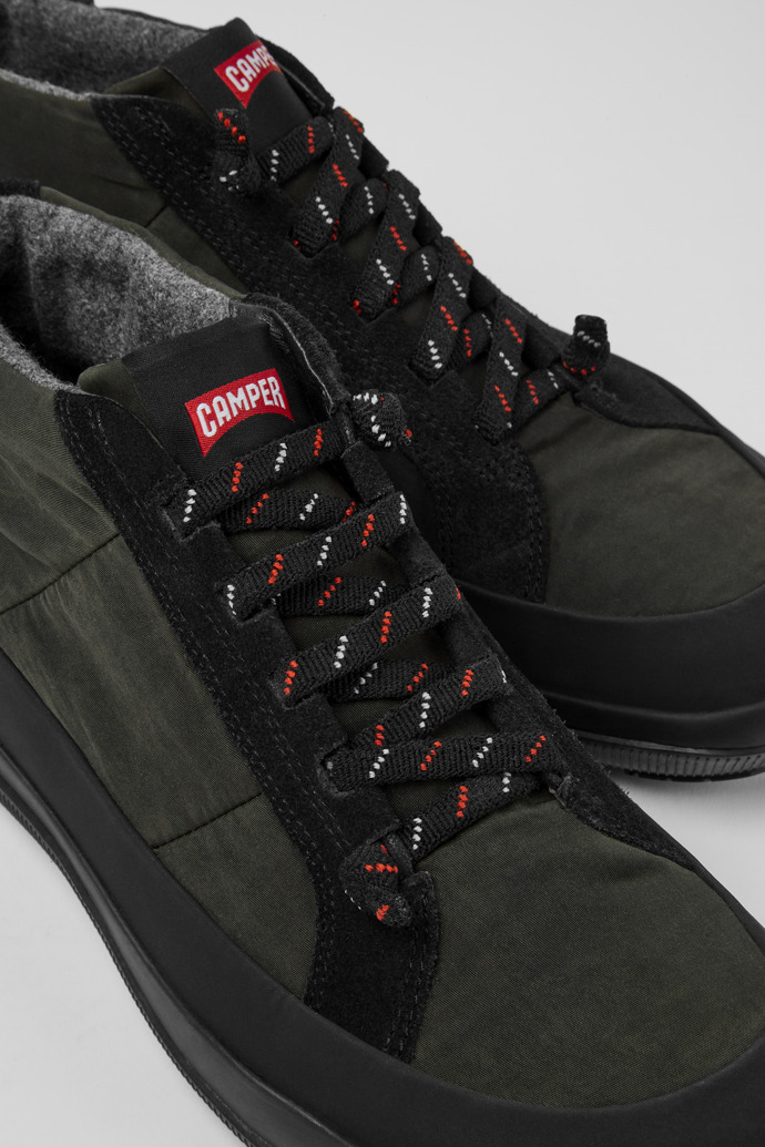 Close-up view of Peu Pista Black nubuck and recycled textile shoes