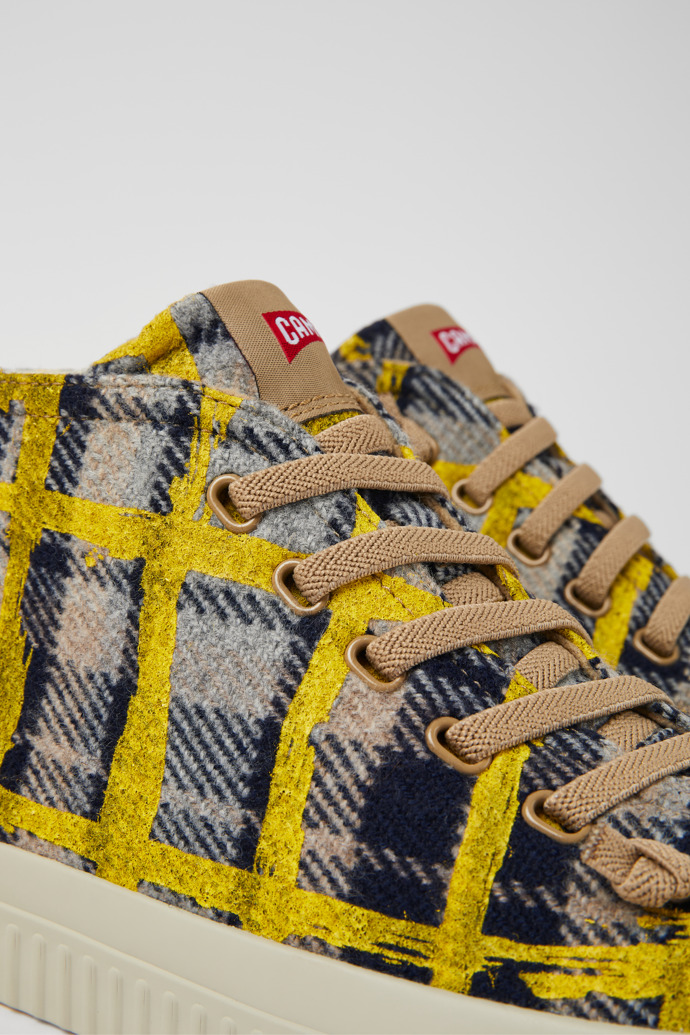 Close-up view of Peu Roda Yellow multicolored recycled wool sneakers for men