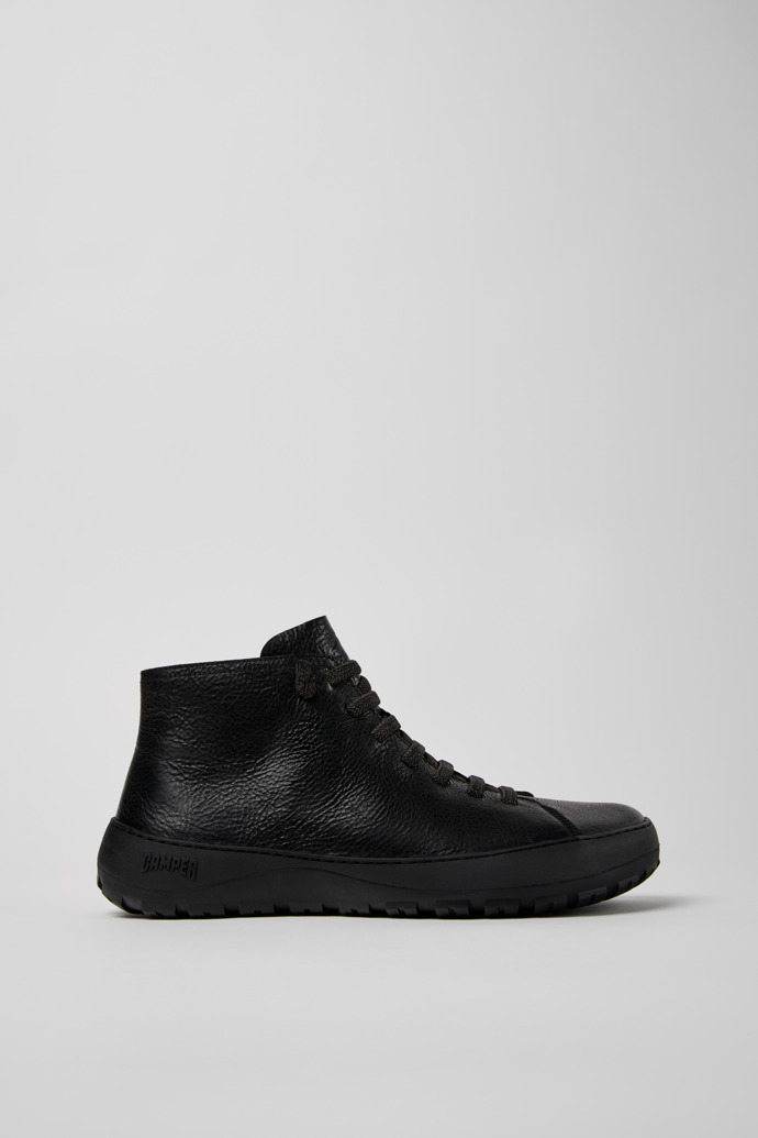 Side view of Peu Serra Black Regenerative Leather and Textile Ankle Boots for Men.