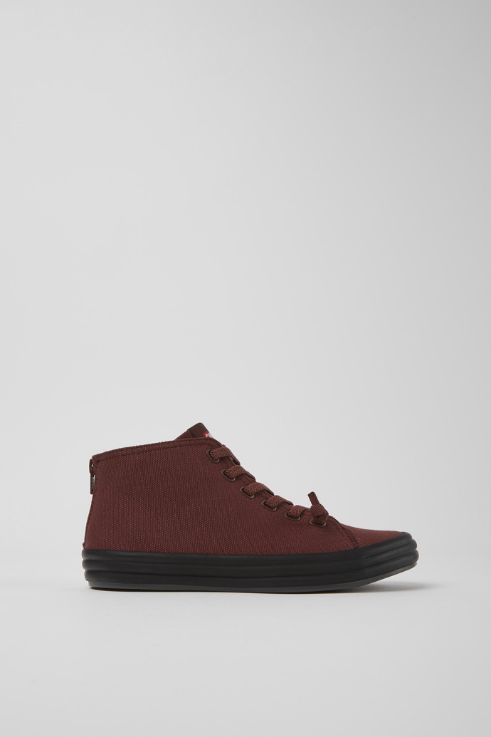 Side view of Borne Burgundy textile ankle boots for women