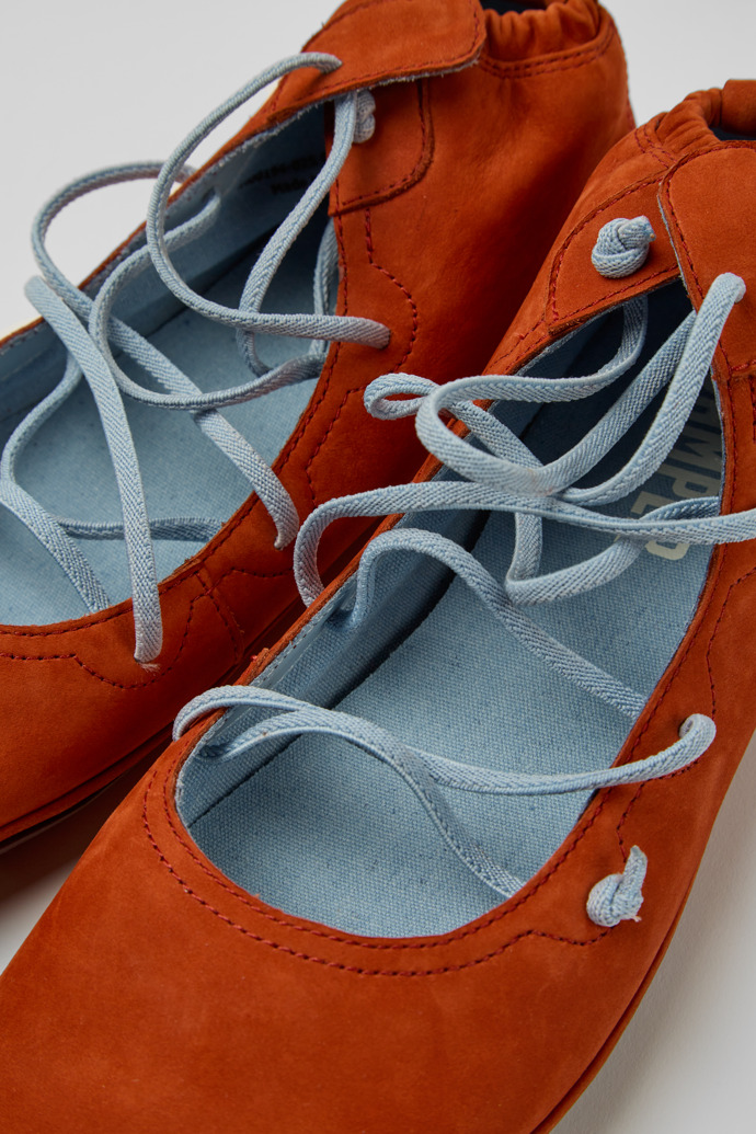 Close-up view of Right Red and blue nubuck shoes for women
