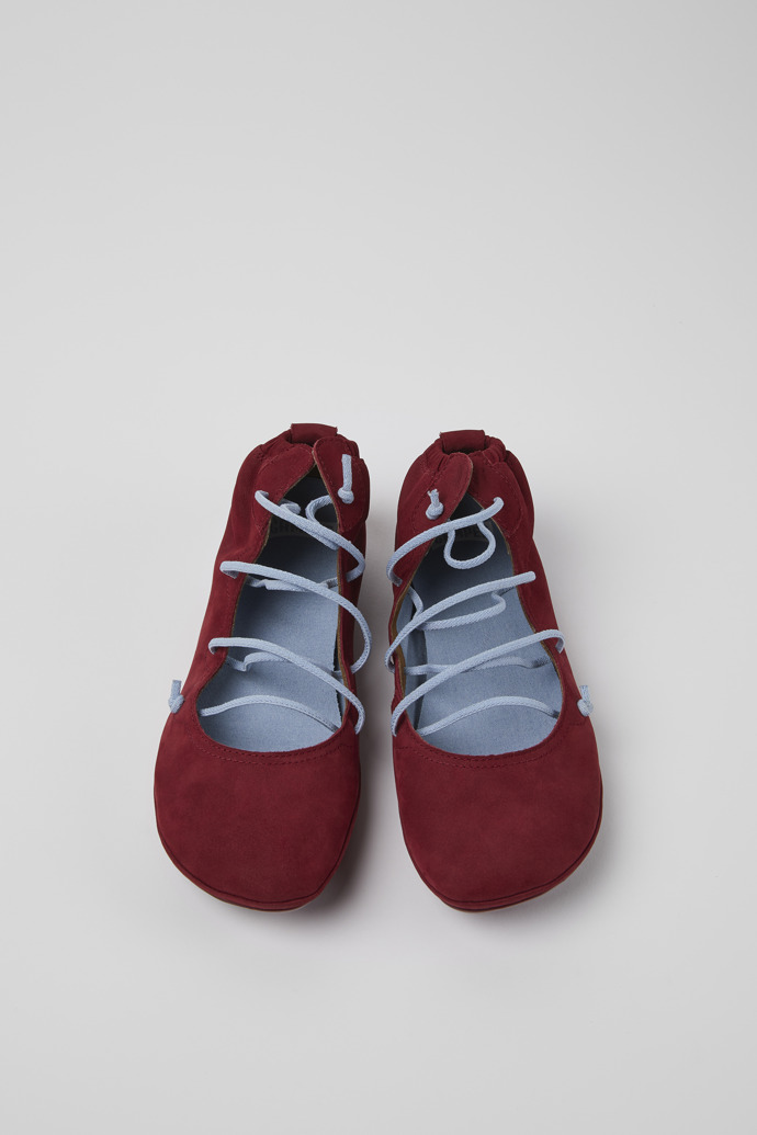 Overhead view of Right Burgundy and blue nubuck shoes for women