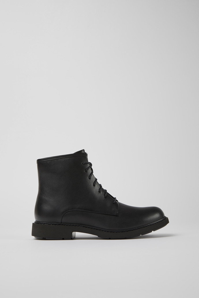 Side view of Neuman Black leather lace-up ankle boots for women