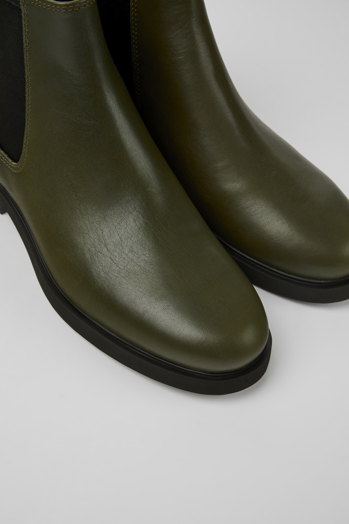 Close-up view of Iman Dark green leather Chelsea boots for women