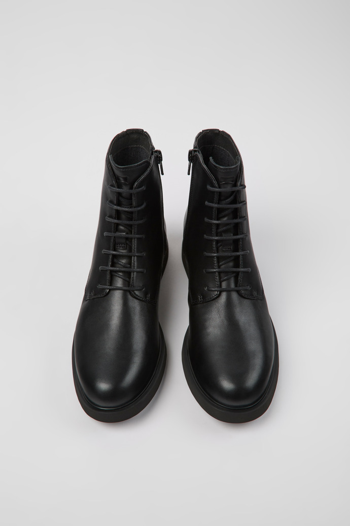 Overhead view of Iman Black leather lace-up boots for women