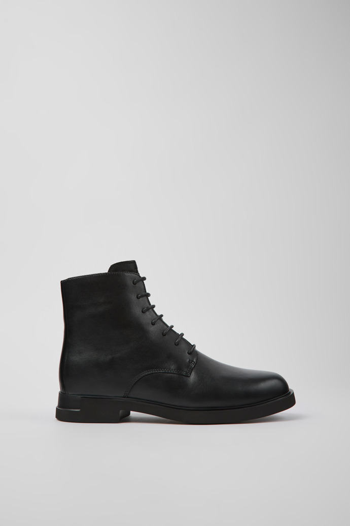 Image of Side view of Iman Black leather lace-up boots for women