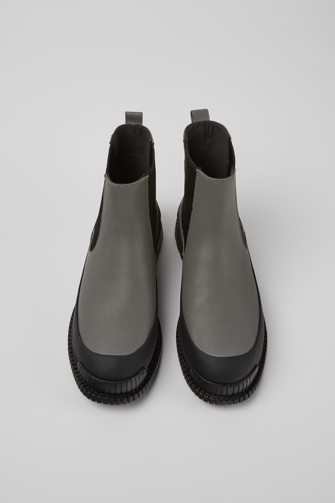 Overhead view of Pix Gray and black leather Chelsea boots for women
