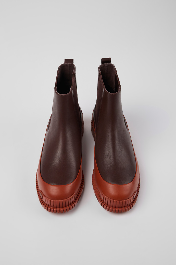 Overhead view of Pix Red and brown leather Chelsea boots for women