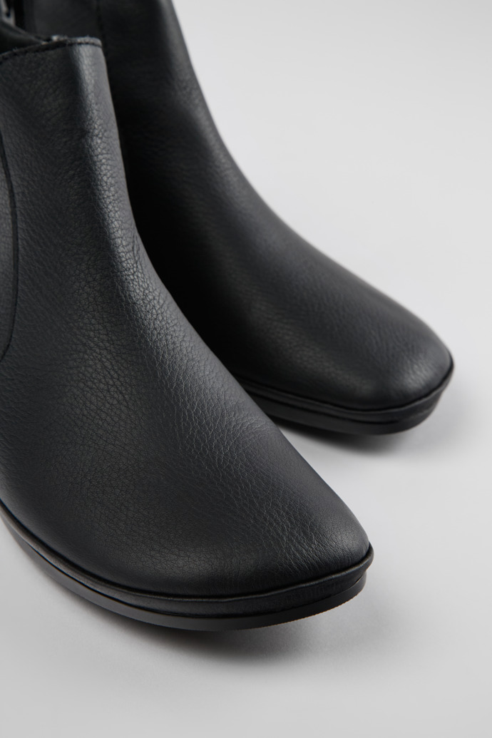 Close-up view of Right Black leather ankle boots for women