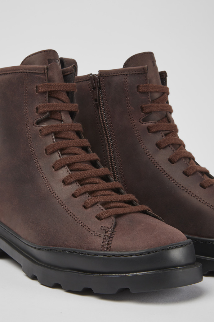 Close-up view of Brutus Brown nubuck lace-up boots