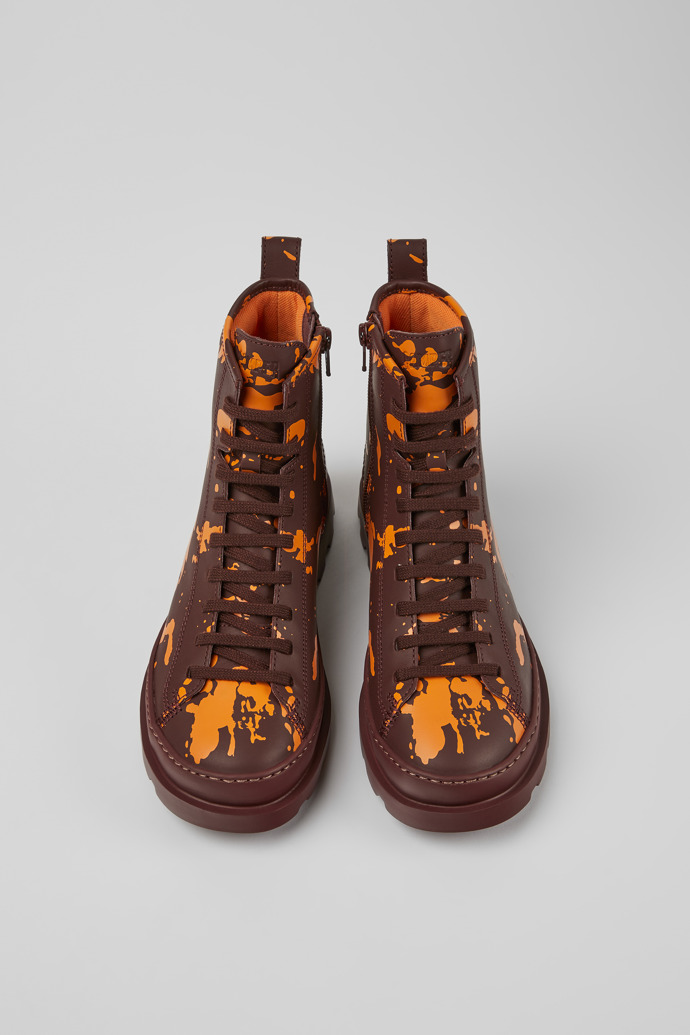 Overhead view of Brutus Burgundy and orange printed leather ankle boots for women