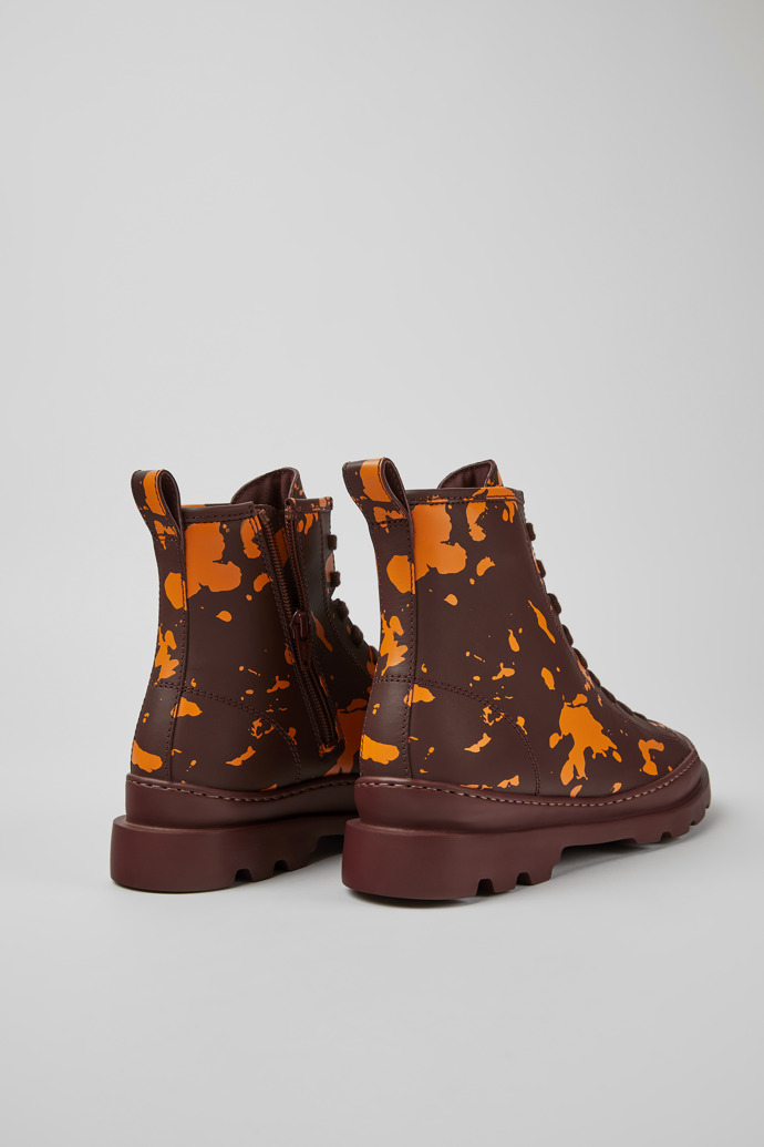 Back view of Brutus Burgundy and orange printed leather ankle boots for women