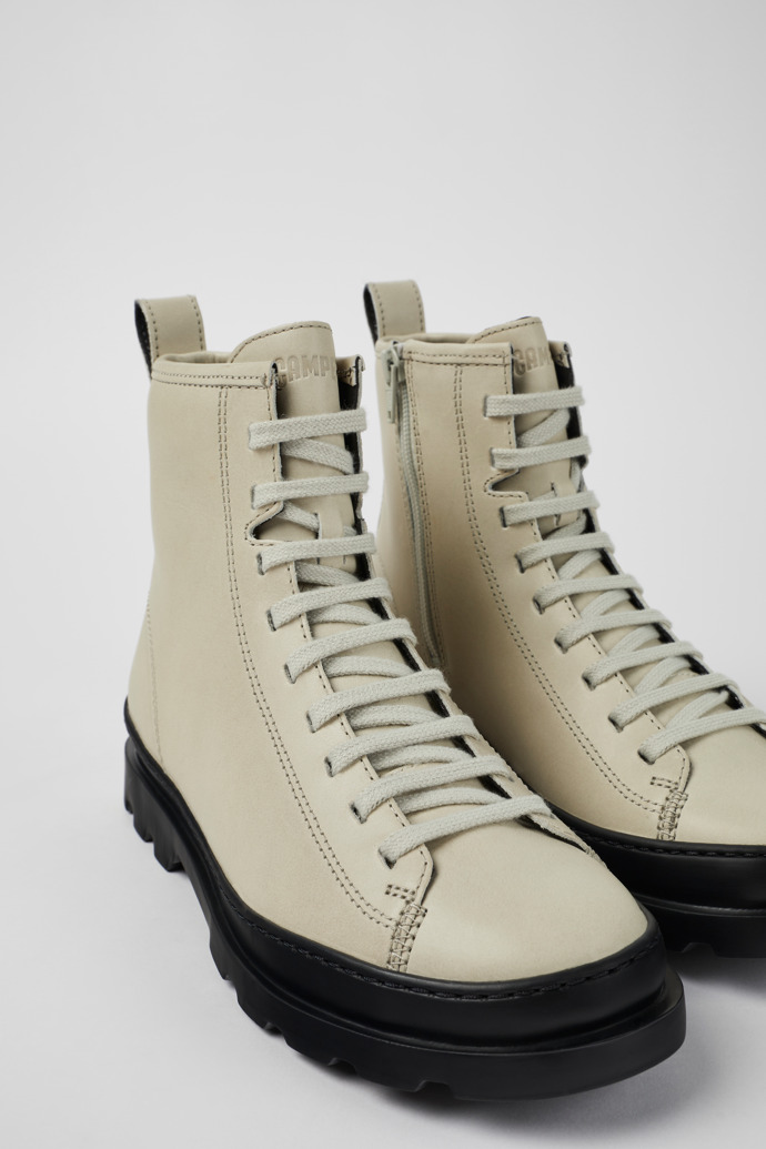 Close-up view of Brutus Gray leather lace-up boots for women