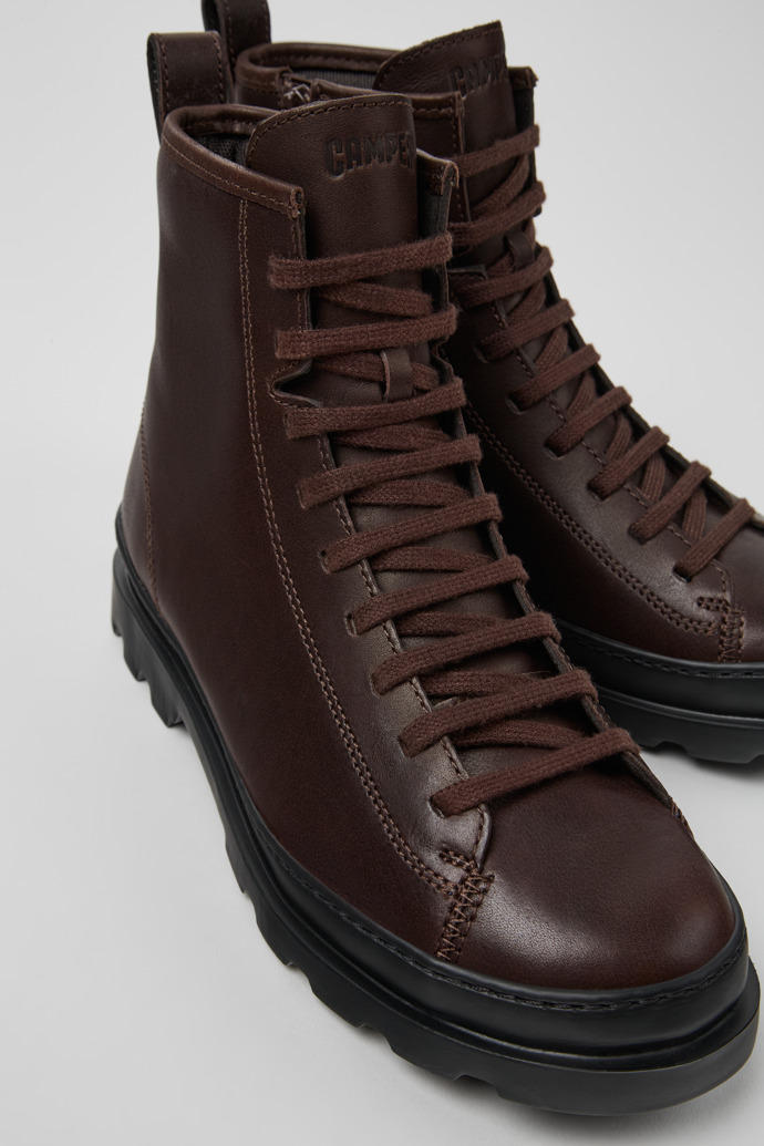 Close-up view of Brutus Brown leather ankle boots for women