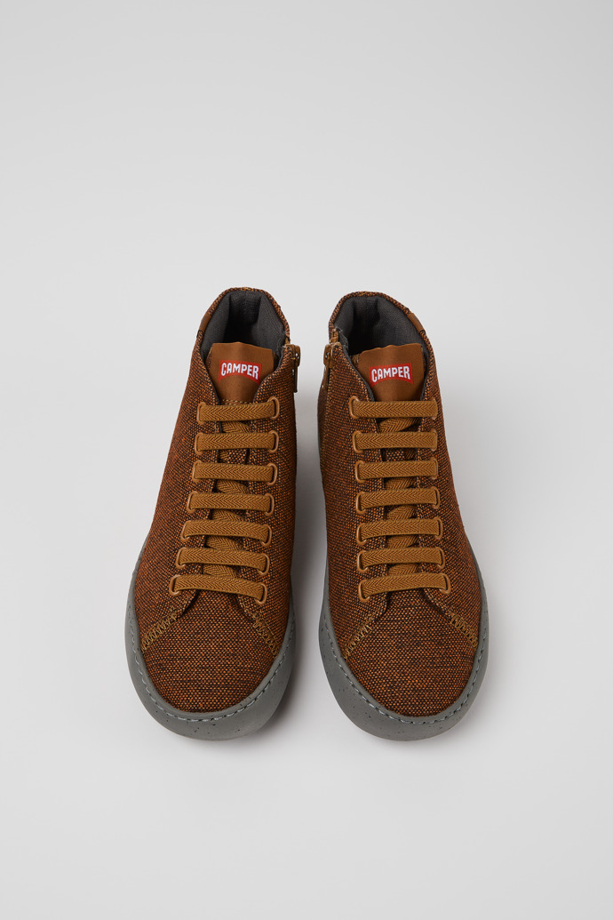 Overhead view of Peu Touring Brown and black recycled wool sneakers for women