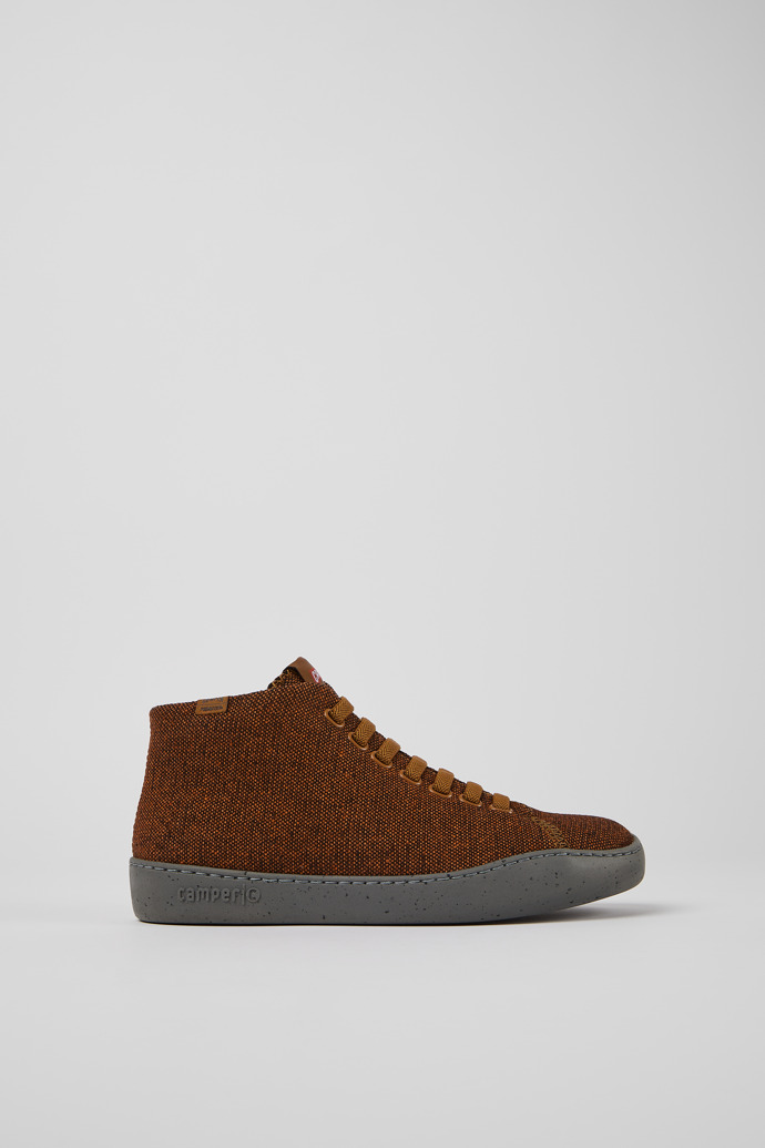 Side view of Peu Touring Brown and black recycled wool sneakers for women