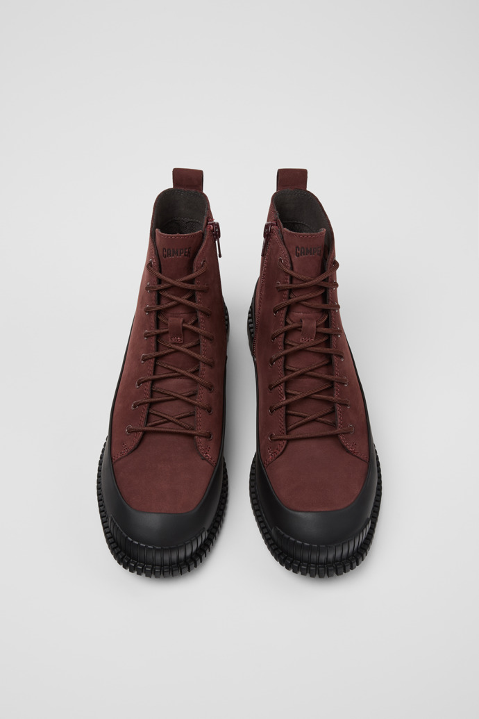 Overhead view of Pix Burgundy Nubuck and Leather Ankle Boots for Women.