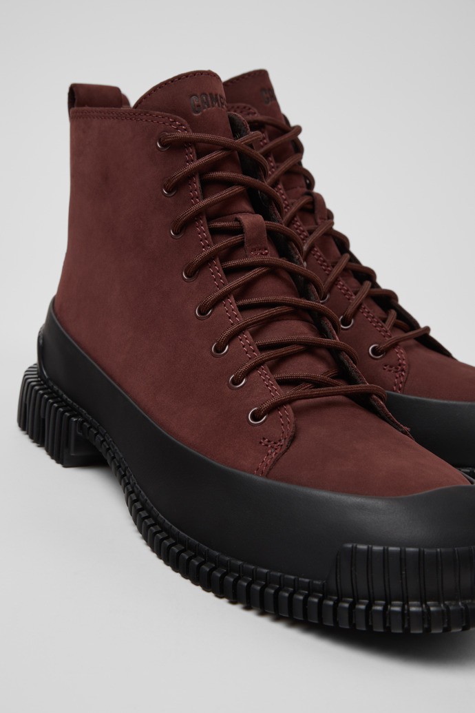 Close-up view of Pix Burgundy Nubuck and Leather Ankle Boots for Women.