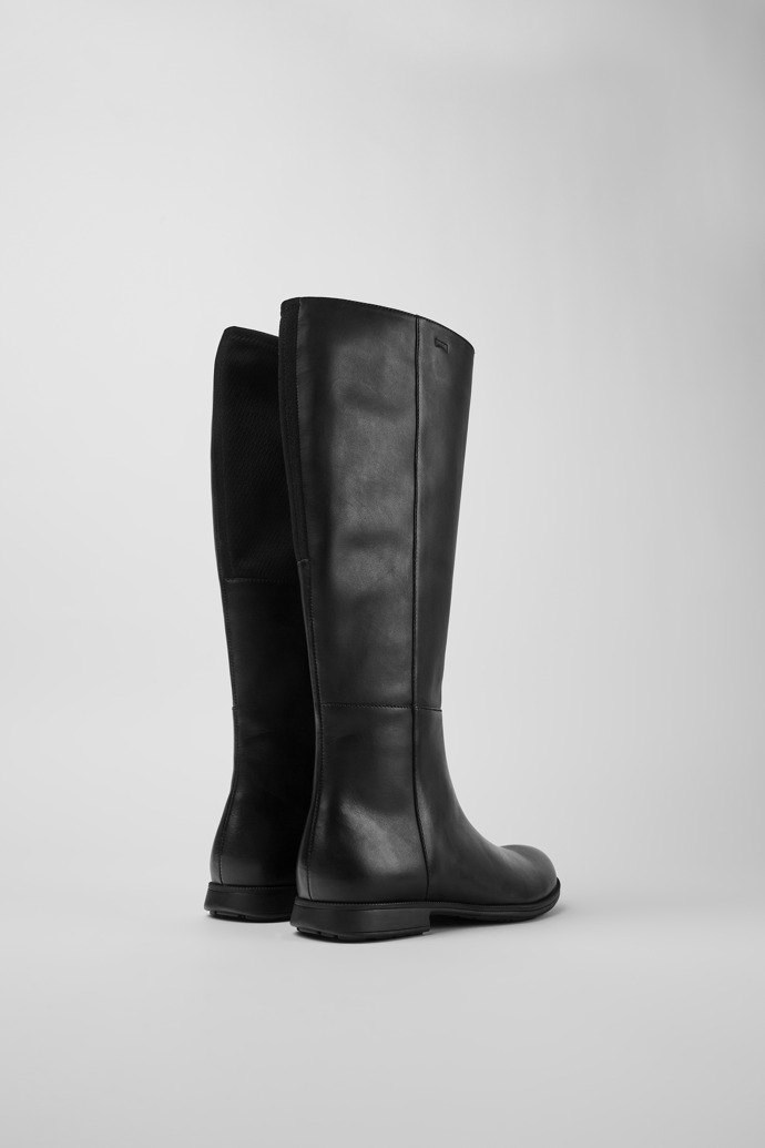 Back view of Mil Black leather and textile high boots for women