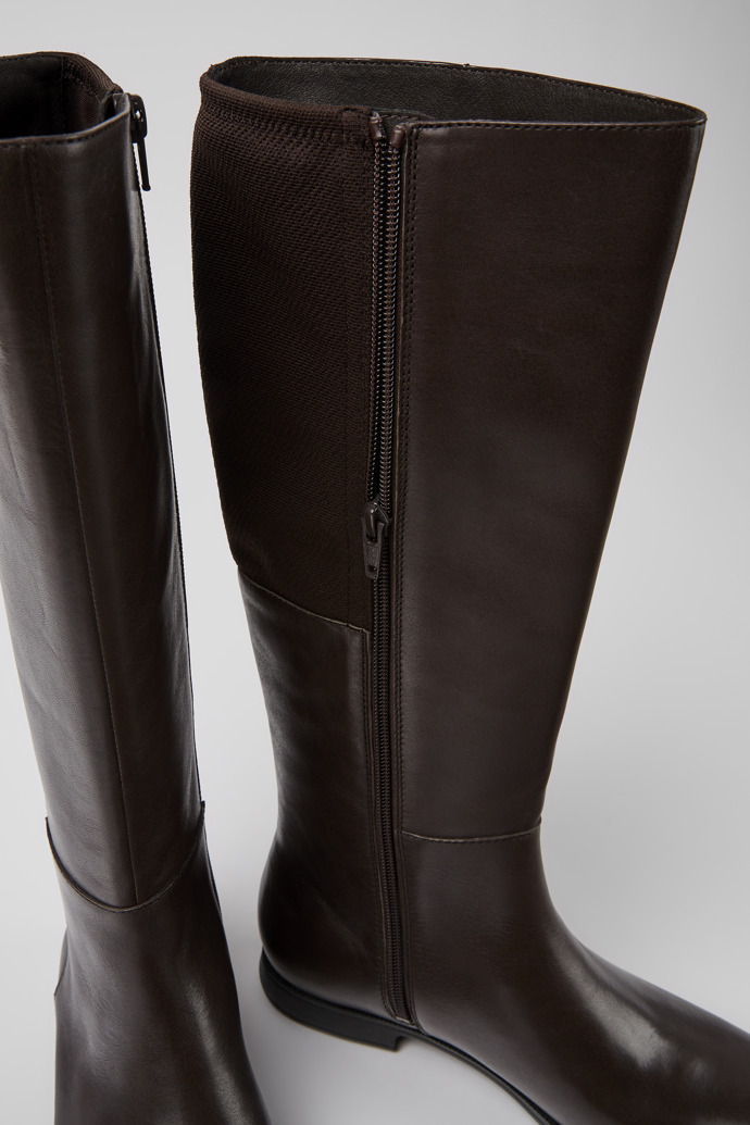 Close-up view of Mil Dark brown leather and textile high boots for women