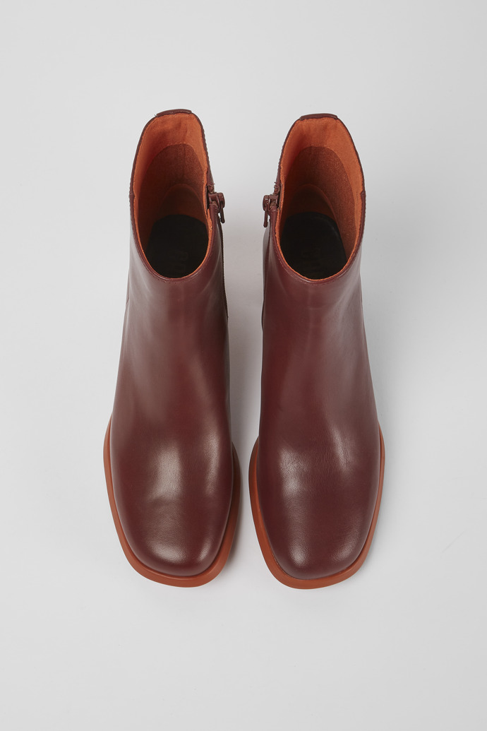 Overhead view of Meda Burgundy leather boots for women
