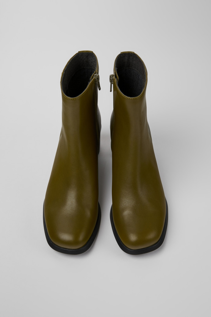 Overhead view of Meda Green leather boots for women