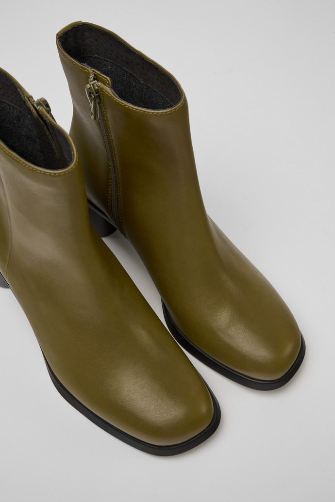 Close-up view of Meda Green leather boots for women