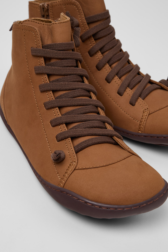 Close-up view of Peu Brown Leather Mid Boots for Women.