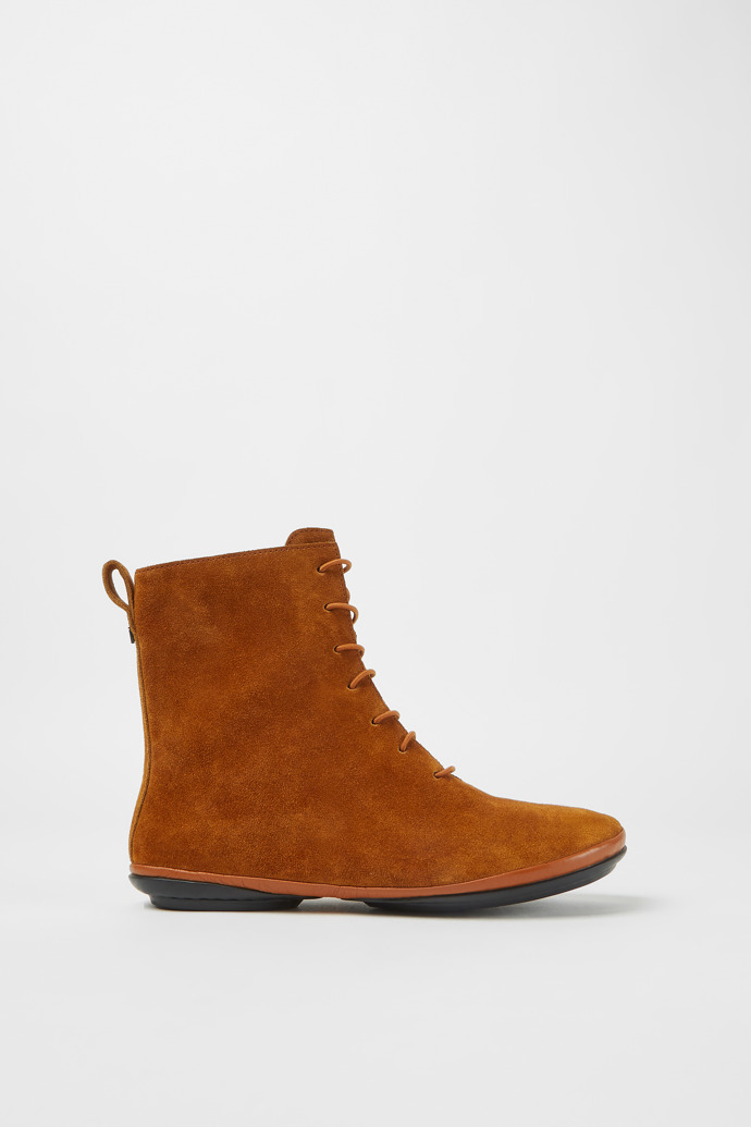 Side view of Right Brown suede ankle boots