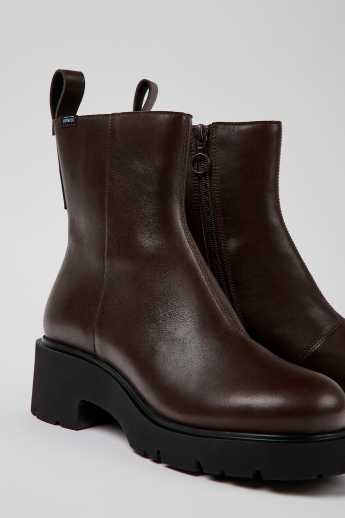 Close-up view of Milah Brown leather zip boots for women