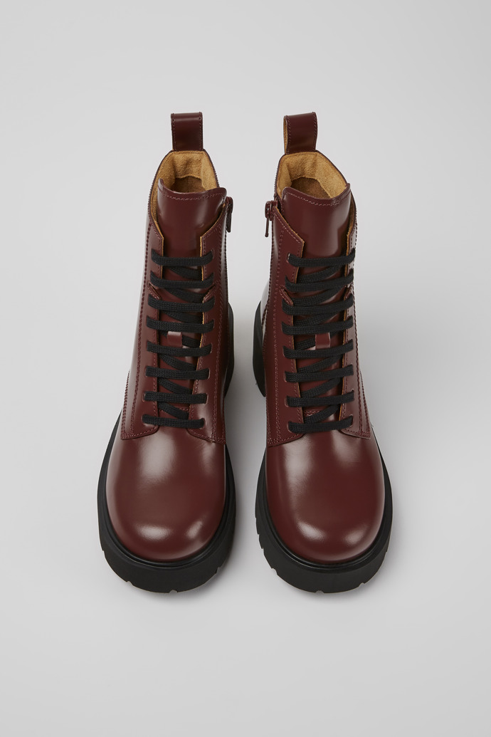 Overhead view of Milah Burgundy lace-up boots for women