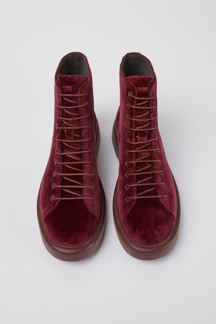 Overhead view of Poligono Burgundy velvet ankle boots for women