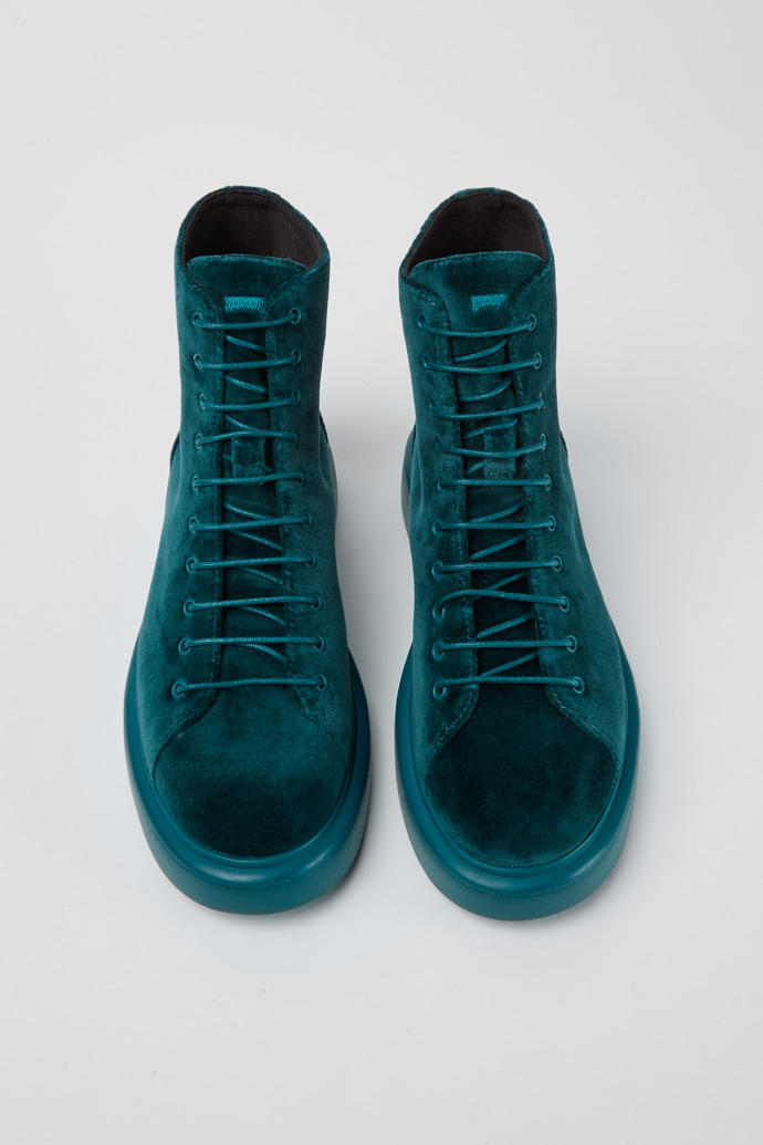 Overhead view of Poligono Green velvet ankle boots for women
