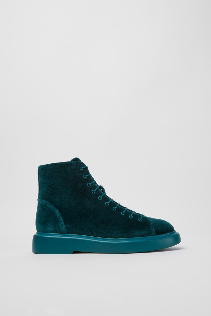 Side view of Poligono Green velvet ankle boots for women