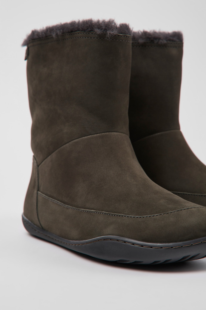 Close-up view of Peu Gray nubuck boots for women